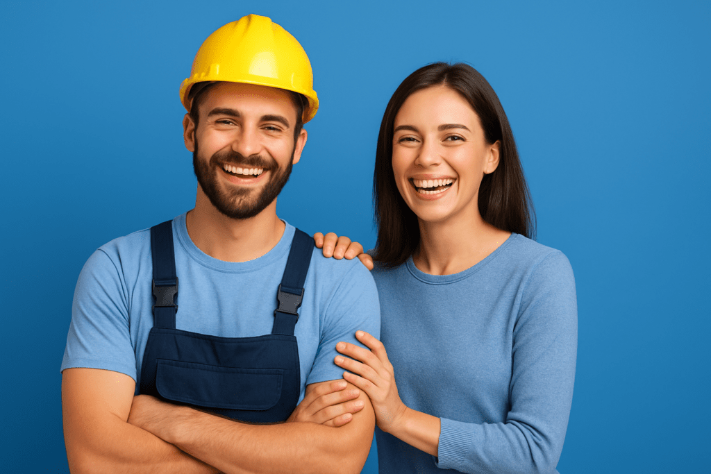 Vrolijke klusjesman van Werkie die klaarstaat om te helpen met een klus